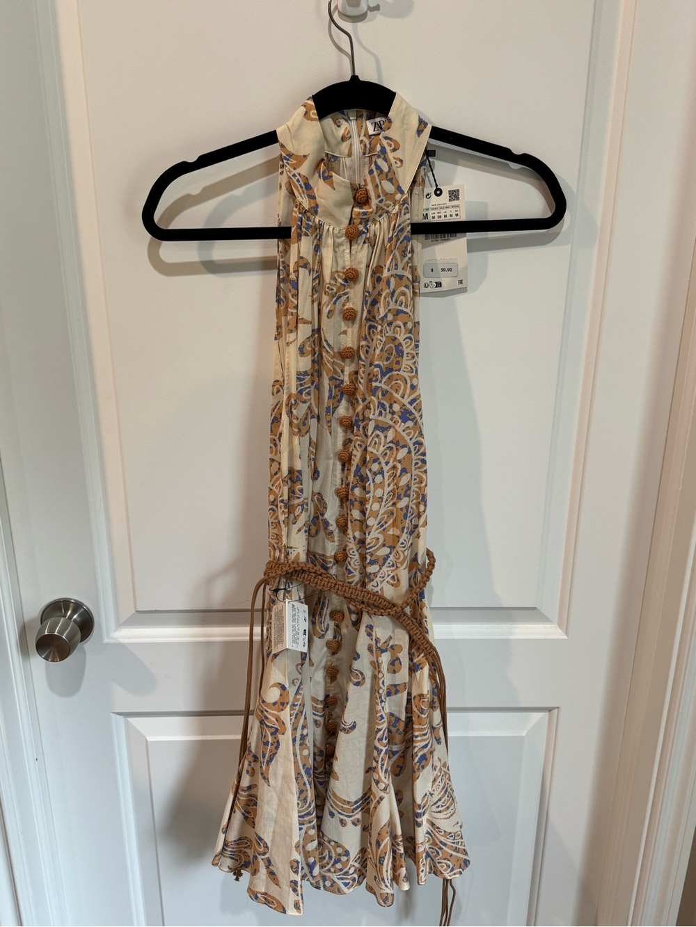 Zara Cream PaisleyMini Dress with Brown and Blue Accents